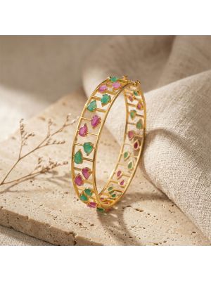 Classic Flowing Ruby Emerald Diamond Bangle