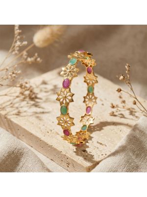 Elegant Floral Ruby Emerald Diamond Bangle