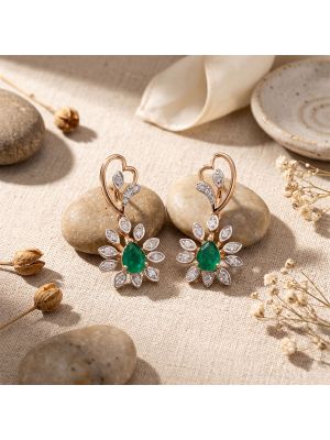 Rose Heart Emerald Diamond Drop Earrings
