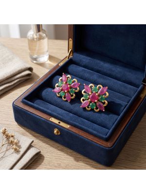 Majestic Ruby Floral Diamond Stud Earrings