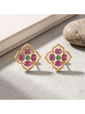 Radiant Ruby Emerald Diamond Stud Earrings