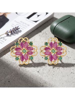 Royal Ruby Emerald Diamond Stud Earrings