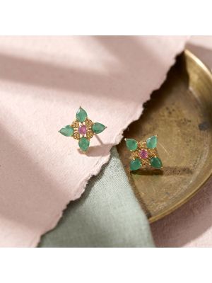 Classic Emerald Ruby Floral Diamond Stud Earrings