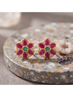 Sovereign Ruby Emerald Diamond Stud Earrings