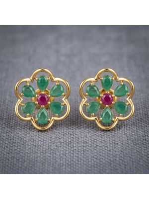 Floral Emerald Ruby Diamond Stud Earrings
