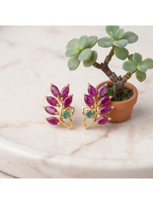 Mayura Leaf Ruby Emerald Diamond Studs