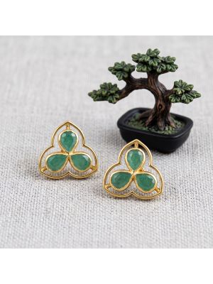 Enchanted Emerald Tri-Petal Diamond Stud Earrings
