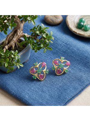 Clover Ruby Emerald Diamond Stud Earrings
