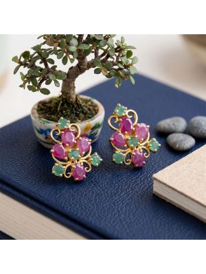 Ruby Emerald Crown Diamond Stud Earrings