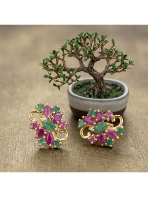 Marquise Emerald Ruby Diamond Stud Earrings