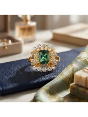 Luxurious Green Emerald Floral Gold Ring