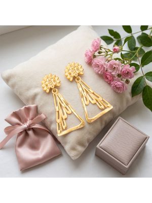 Floral Plume Triangular Gold Drop Earrings