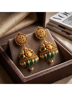 Antique Lakshmi Emerald Jhumka Gold Earrings