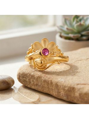 Gold Flower Ring with Red Stone