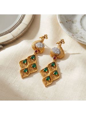 Traditional Peacock Emerald Feather Gold Drops