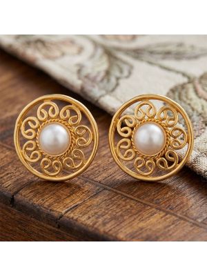 Golden Swirl Pearl Stud Earrings