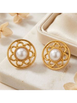 Impressive Floral Pearl Gold Stud Earrings