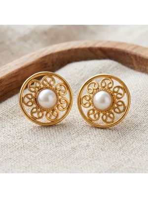 Gold Filigree Pearl Stud Earrings