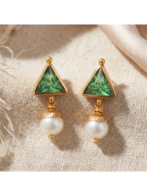 Emerald Triangle Gold Pearl Drop Earrings