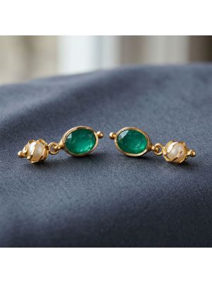 Emerald Oval Gold Pearl Drop Earrings