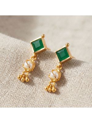 Emerald Square Pearl Gold Drop Earrings