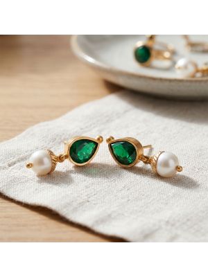 Modern Emerald Pearl Gold Drop Earrings