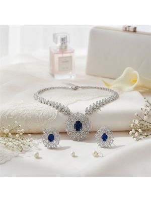 Royal Blue Oval Crystal Silver Necklace set