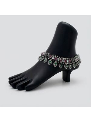 Green-Pink Stone Drops Silver Anklet