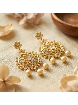 Silver Lotus Stone Earring With Pearl Drops