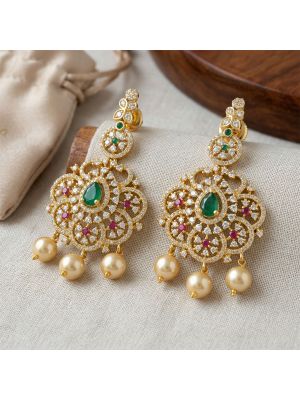 Silver Floral Emerald Earring With Pearl Drops