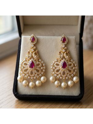 Silver Mayil Ruby Earring With Pearl Drops