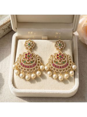 Traditional Silver Floral Earring With Pearl Drops