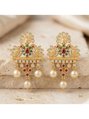 Silver Stone Mayil Earring With Pearl Drops
