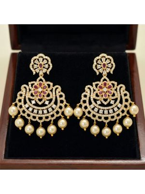 Trendy Floral Silver Earrings With Pearl Drops