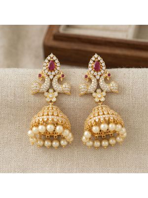 Silver Mayil Stone Stud With Pearl Jhumka