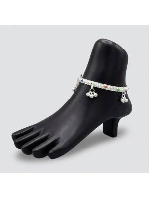 Multicolor Stones Plain Silver Anklet