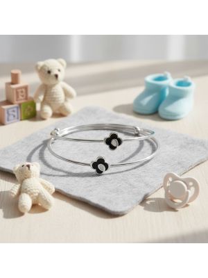 Black Flower Enamel Silver Baby Bangles