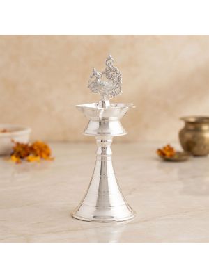 Traditional Peacock Smooth Silver Kuthu Vilakku