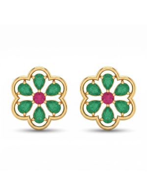 Floral Emerald Ruby Diamond Stud Earrings-hover
