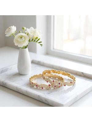 Pink Floral Sparkle Gold Bangles -hover
