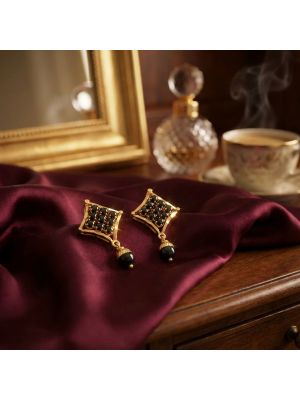 Black Stone Grid Gold Earrings -hover