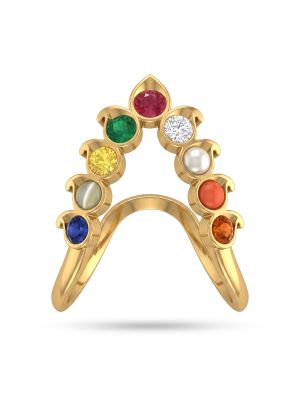 Traditional Navaratna Stones Textured Gold Ring-hover
