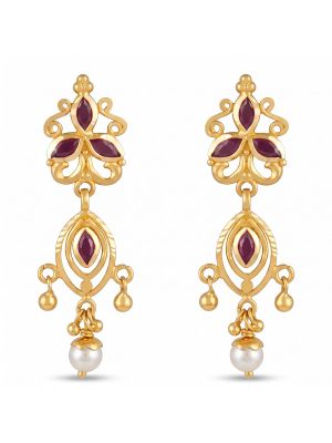 Leaf Pearl Drop Gold Earrings-hover