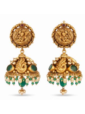 Antique Lakshmi Emerald Jhumka Gold Earrings-hover