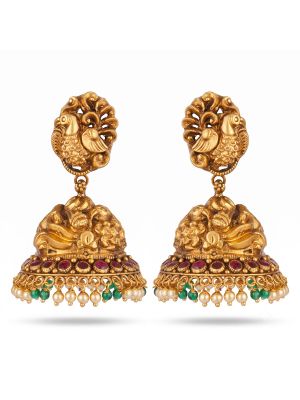 Antique Mayura Jhumka Gold Earrings-hover