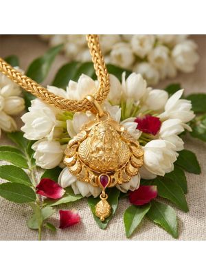 Gold Traditional Lakshmi Temple Pendant with Ruby Drop-hover
