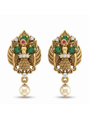 Heritage Peacock Emerald Stones Gold Drops-hover