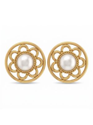 Impressive Floral Pearl Gold Stud Earrings-hover