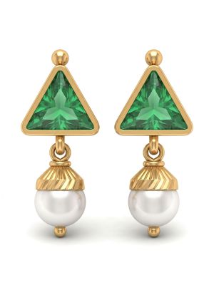 Emerald Triangle Gold Pearl Drop Earrings-hover