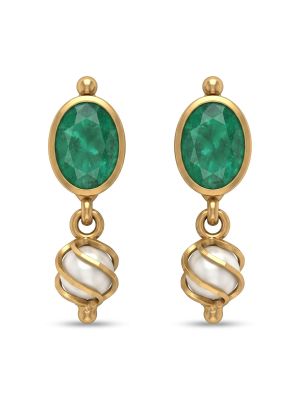 Emerald Oval Gold Pearl Drop Earrings-hover